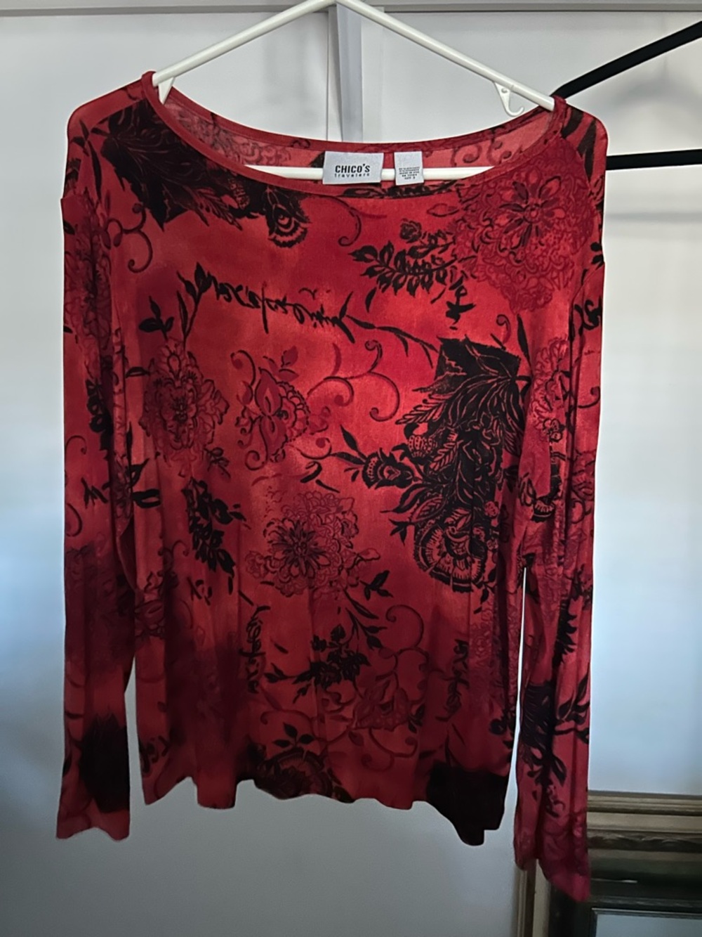 Chico's Size 3 Red Floral Burnout Long Sleeve Tee
